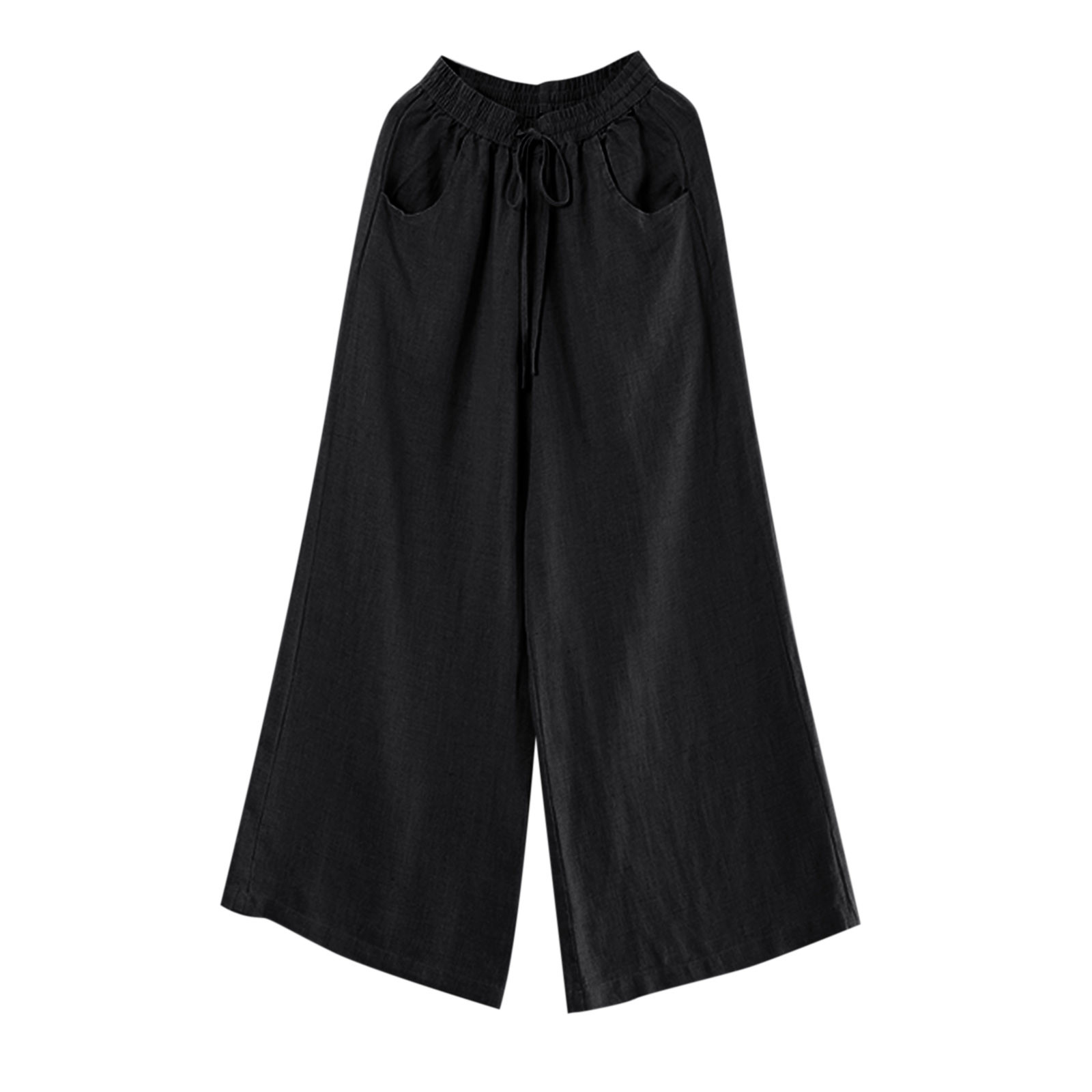 thumbnail image 4 of Pantalones palazzo de algodón y lino de cintura alta para mujer, con bolsillos, pantalones informales para estar por casa., 4 of 4